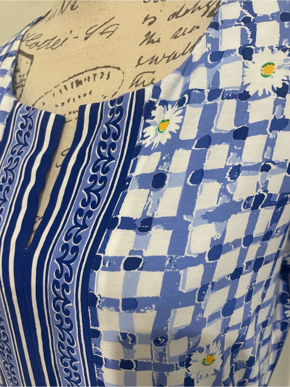 Barbara Erickson Blue Gingham Daisy Print Knit Dress Size Medium Coastal Chic - Picture 10 of 13